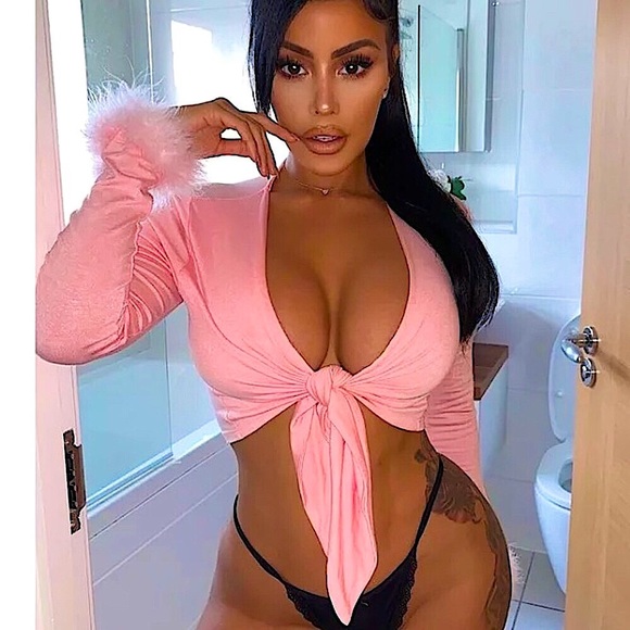 Pink long sleeve feather trim tie front crop top - Picture 1 of 16